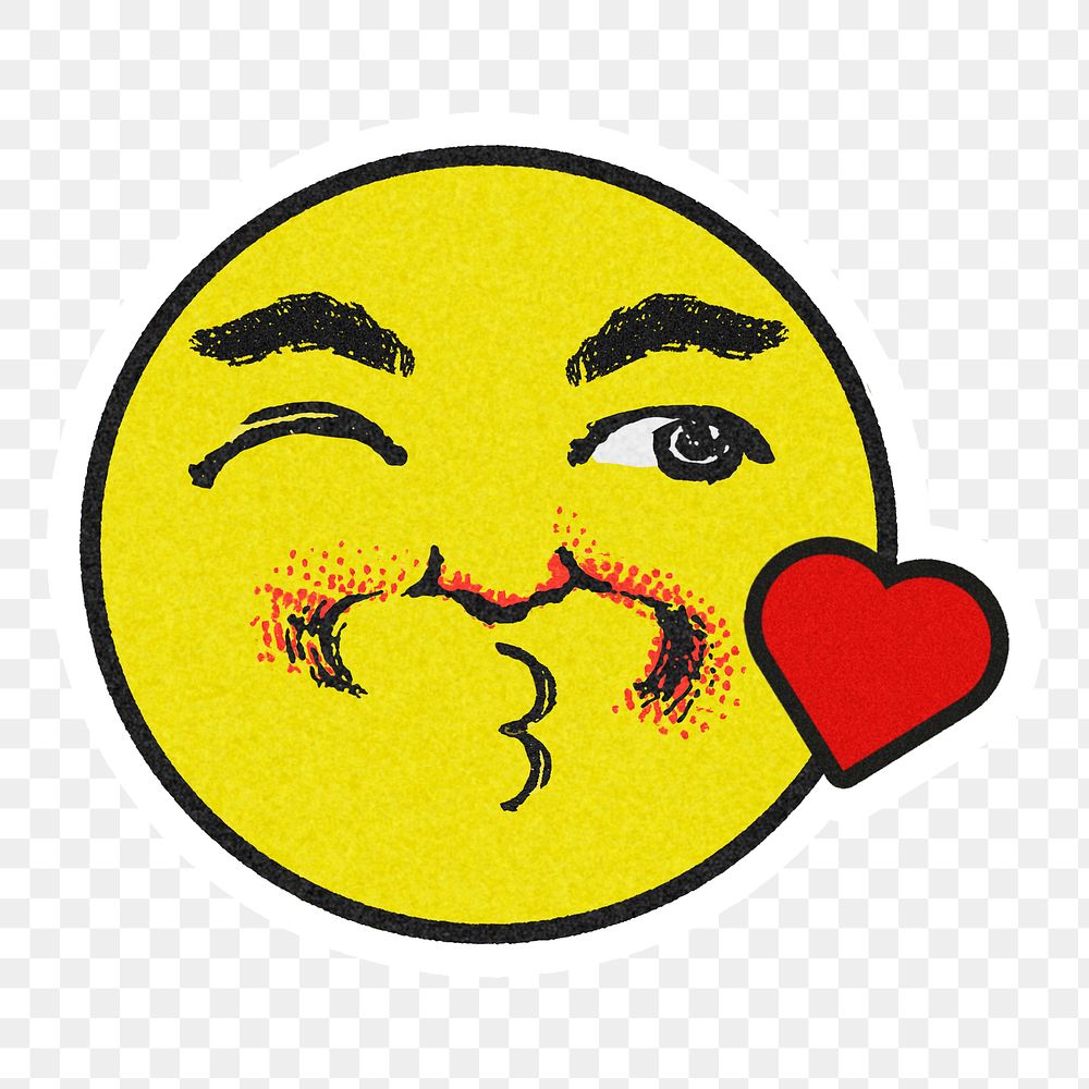 Vintage yellow round kissing emoji sticker with white border