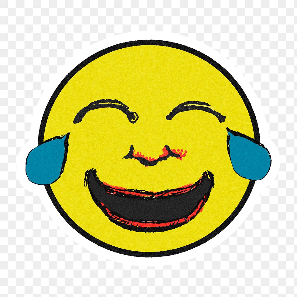 Vintage yellow round emoji with tears of joysticker with white border
