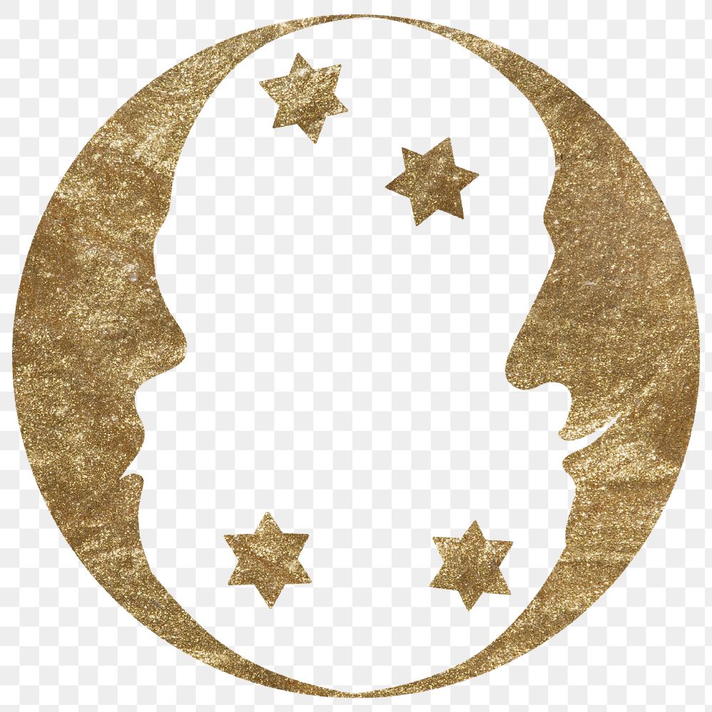 Gold celestial double crescent moon face with stars design element