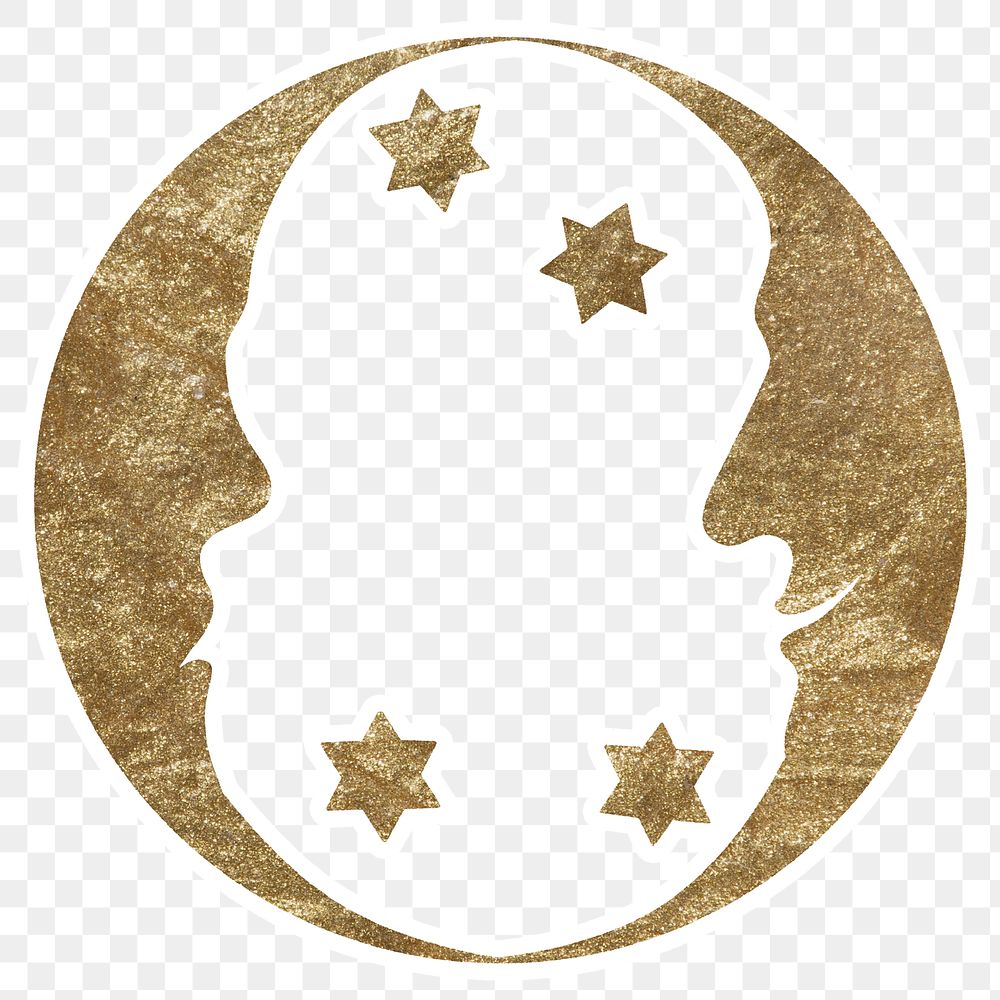 Gold celestial double crescent moon face with stars sticker with white border