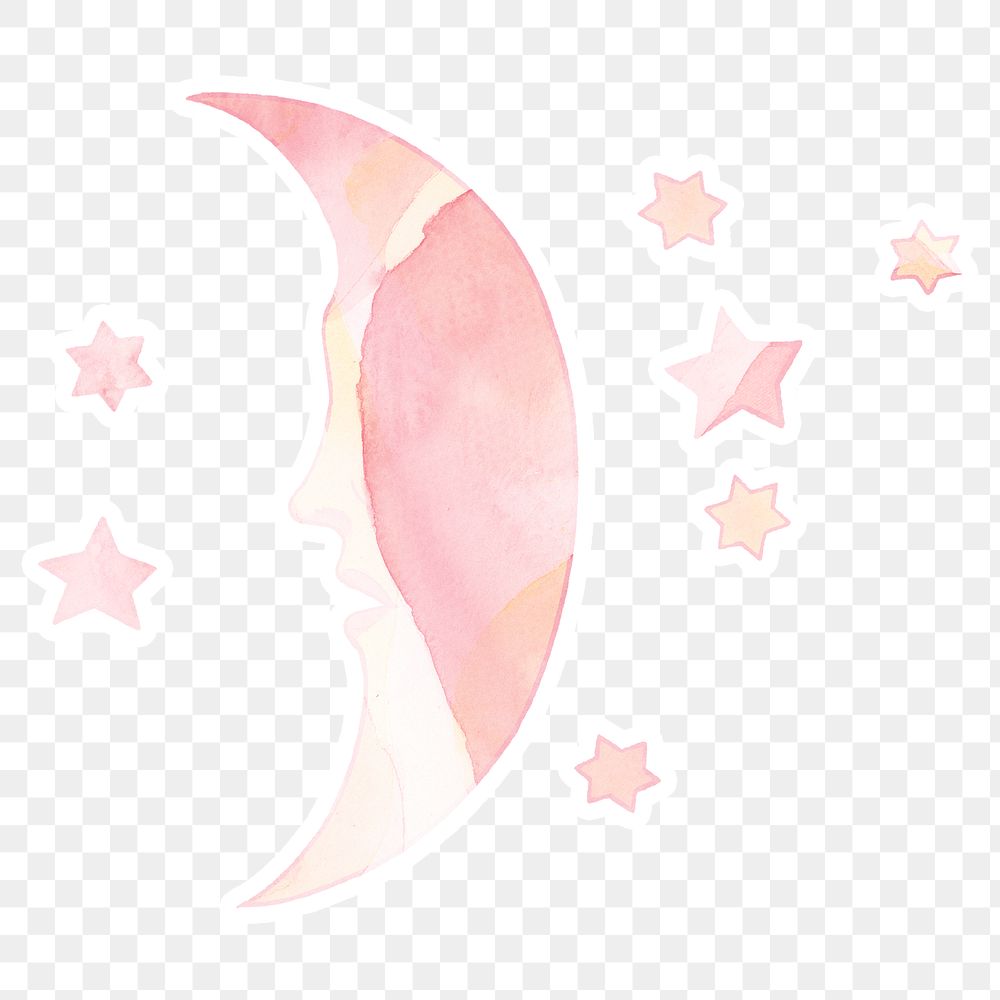 Pink celestial crescent moon face with stars sticker with white border