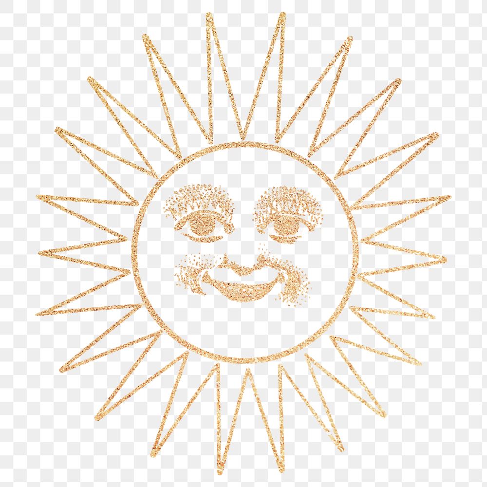 Gold smiling celestial sun face with ray line art design element