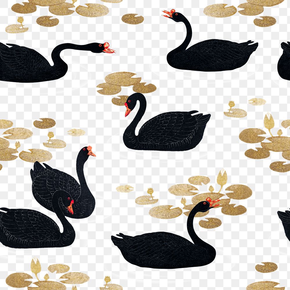 Black geese with gold lotus seamless patterned background illustration