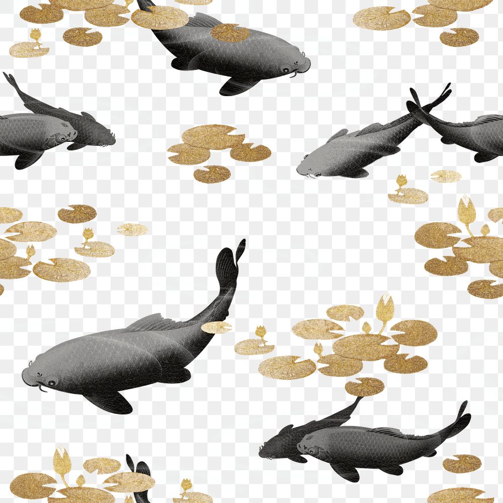 Black carp fish with gold lotus seamless pattern background illustration