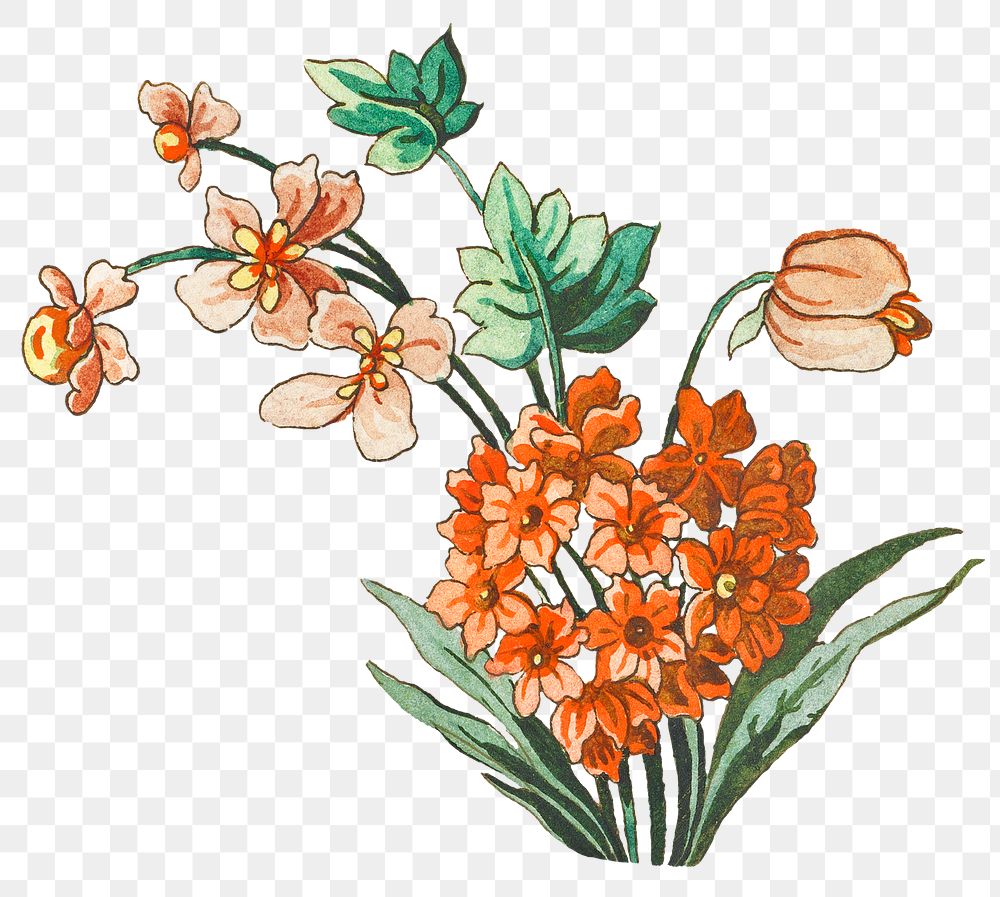 Vintage blooming orange flower branch design element