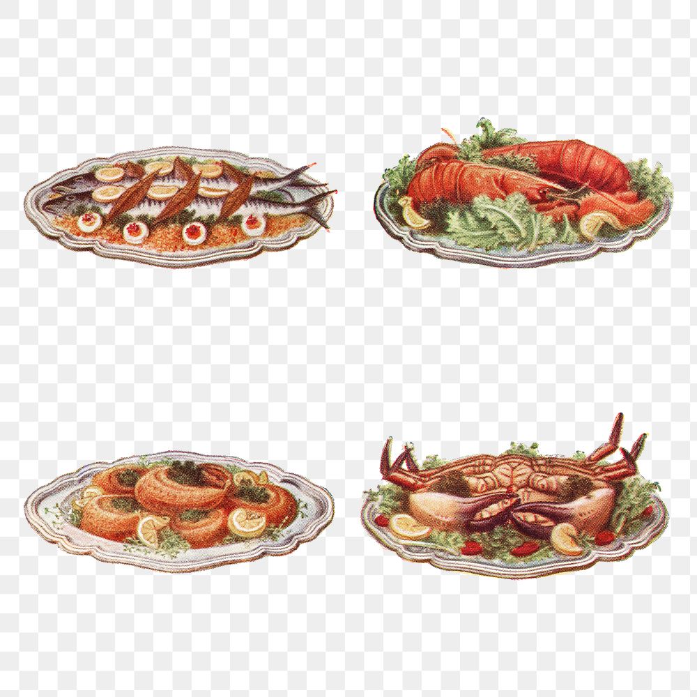 Vintage hand drawn set of seafood dishes design resources