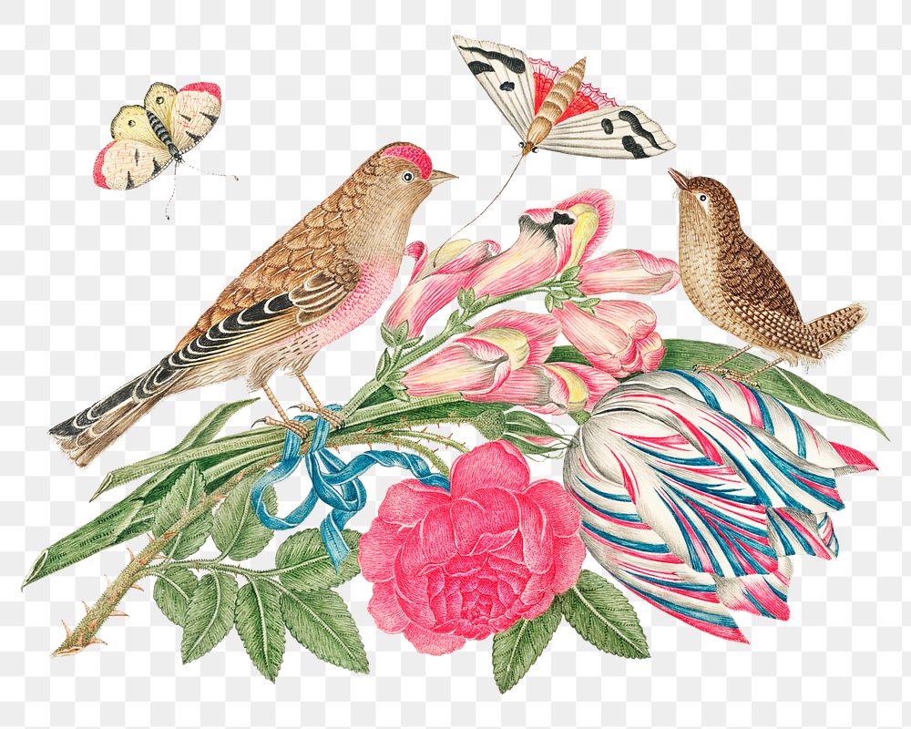 Brown bird on a bouquet png, remixed from the 18th-century artworks from the Smithsonian archive.