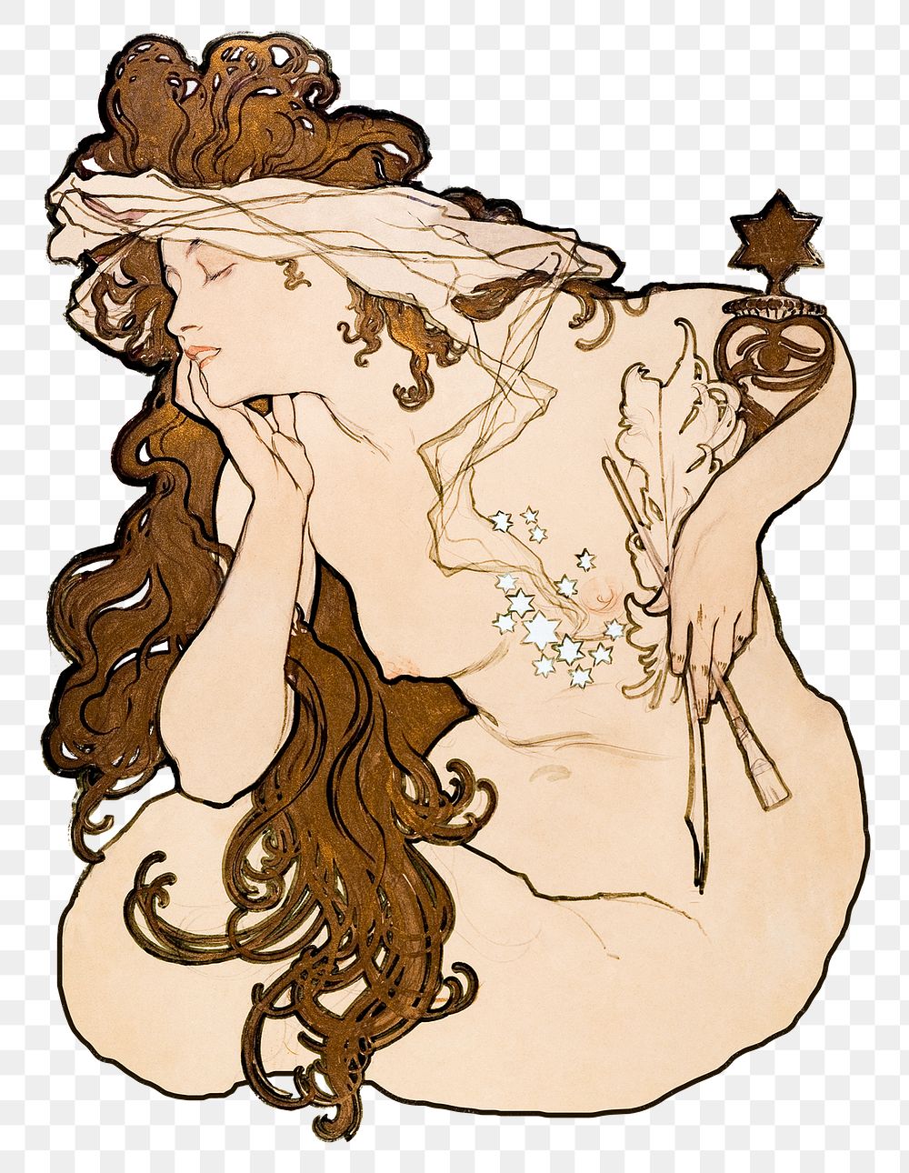 Png art nouveau naked woman, remixed from the artworks of Alphonse Maria Mucha