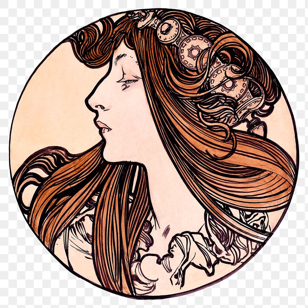 Art nouveau png lady, remixed from the artworks of Alphonse Maria Mucha