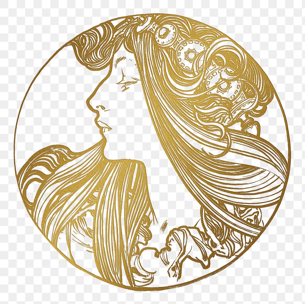 Art nouveau gold silhouette woman png illustration, remixed from the artworks of Alphonse Maria Mucha