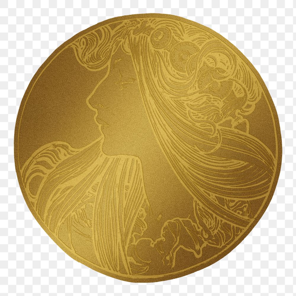 Art nouveau lady gold badge png illustration, remixed from the artworks of Alphonse Maria Mucha