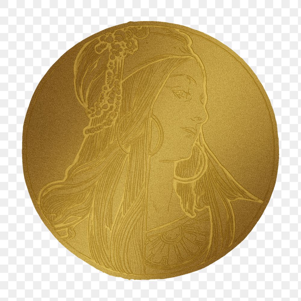 Art nouveau lady gold badge png illustration, remixed from the artworks of Alphonse Maria Mucha