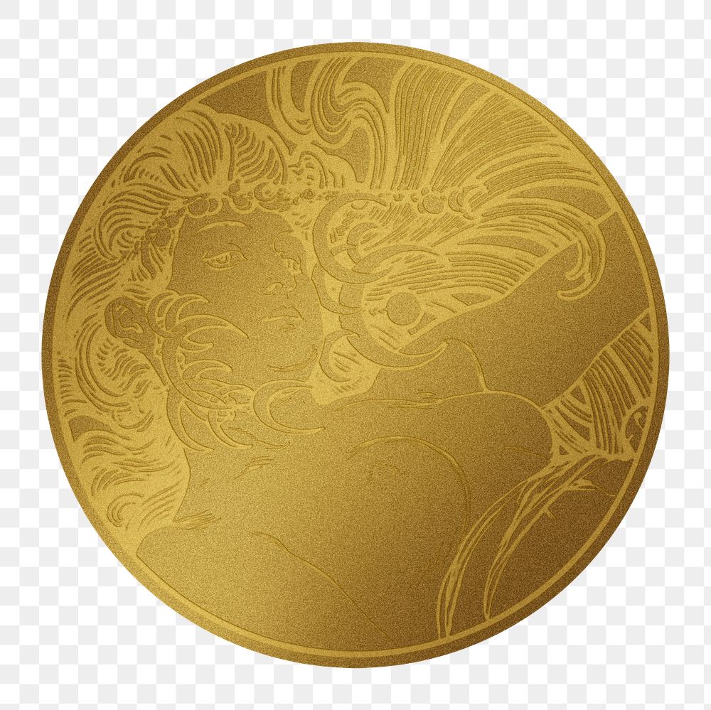 Art nouveau nude woman gold badge png illustration, remixed from the artworks of Alphonse Maria Mucha
