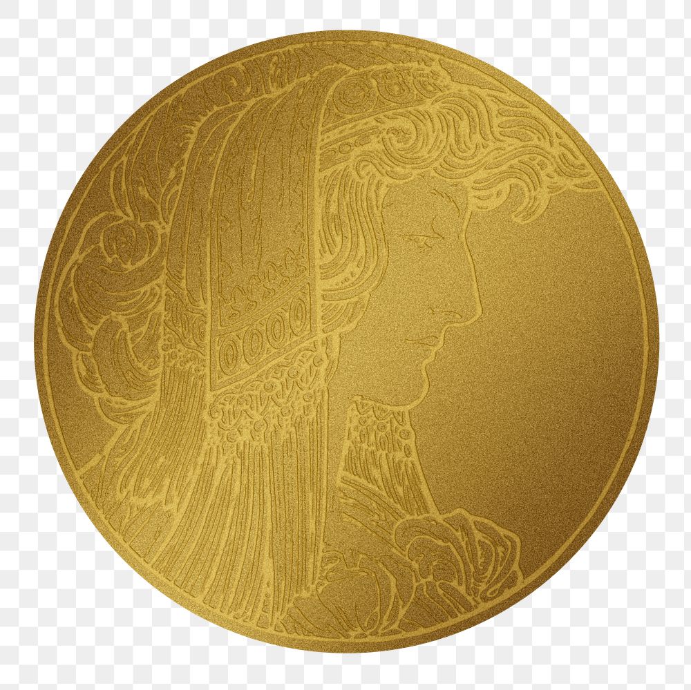 Art nouveau woman gold badge png illustration, remixed from the artworks of Alphonse Maria Mucha