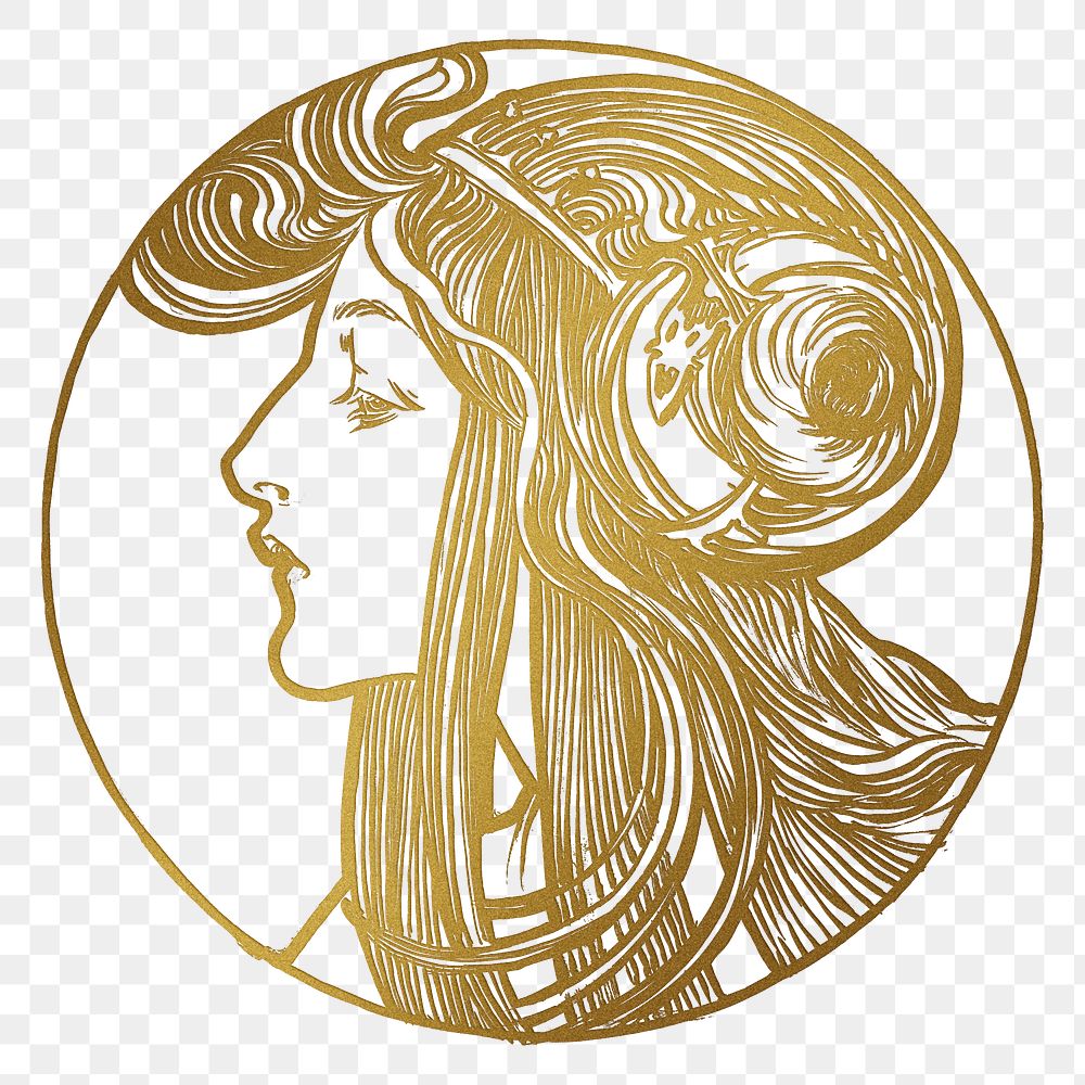 Art nouveau gold silhouette lady png illustration, remixed from the artworks of Alphonse Maria Mucha
