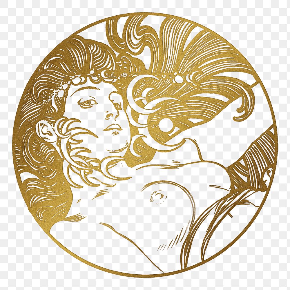 Art nouveau gold silhouette nude woman png illustration, remixed from the artworks of Alphonse Maria Mucha