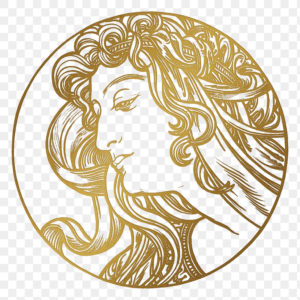 Art nouveau gold silhouette lady png illustration, remixed from the artworks of Alphonse Maria Mucha