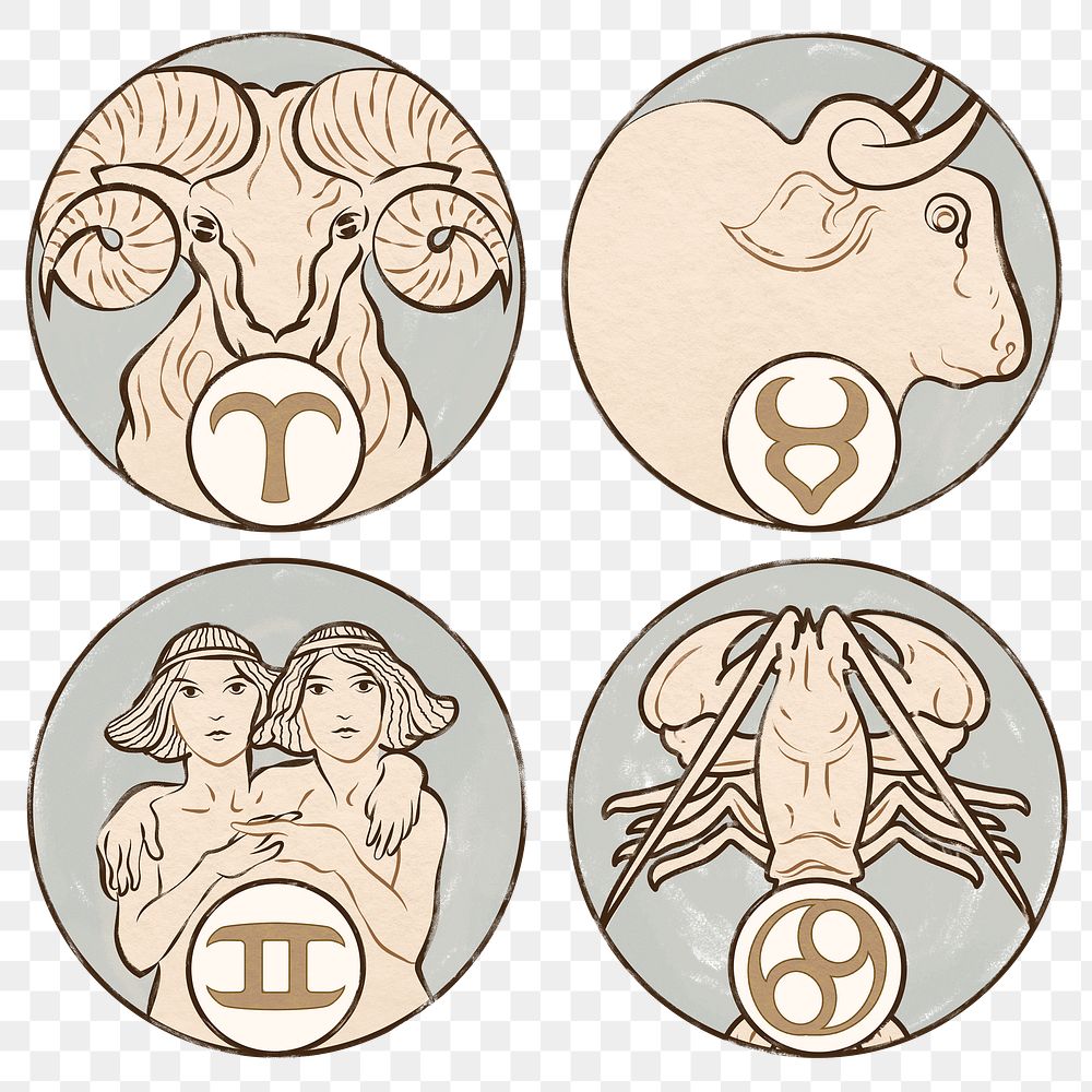 Art nouveau aries, taurus, gemini and cancer zodiac signs png, remixed from the artworks of Alphonse Maria Mucha