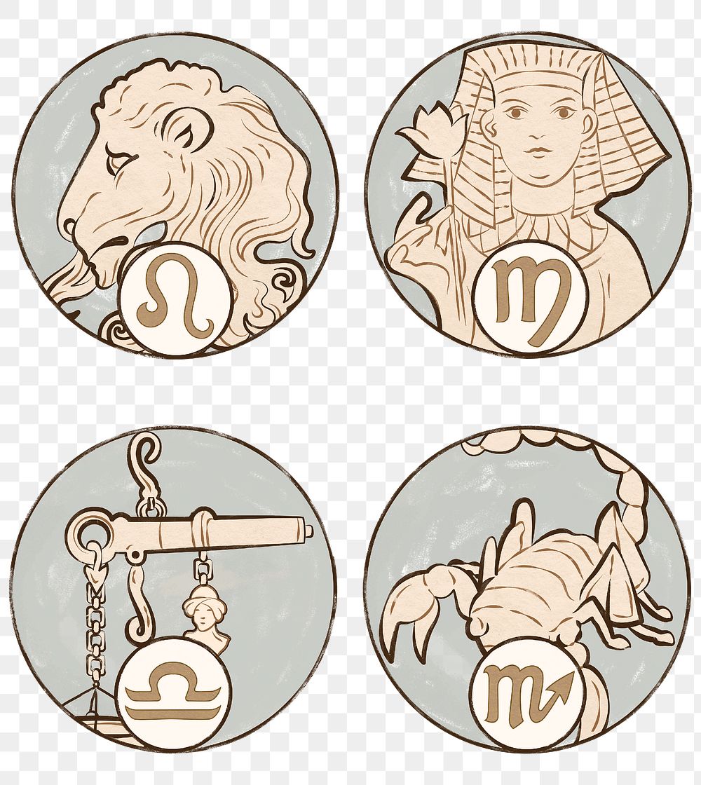 Art nouveau leo, virgo, libra and scorpio zodiac signs png, remixed from the artworks of Alphonse Maria Mucha