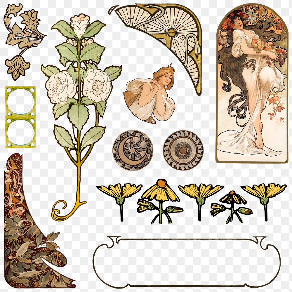 Lady and ornament art nouveau png set, remixed from the artworks of Alphonse Maria Mucha