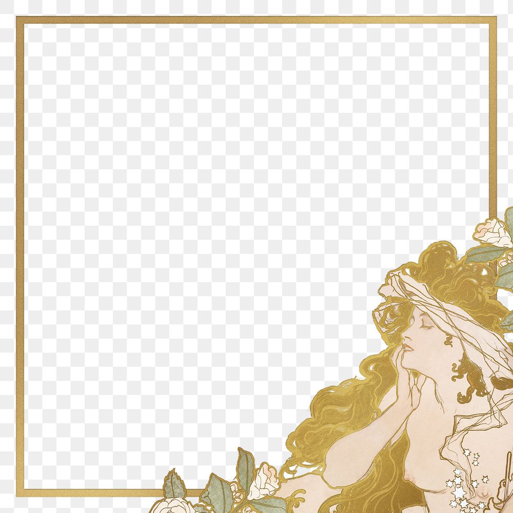 Art nouveau nude lady flower gold frame png, remixed from the artworks of Alphonse Maria Mucha