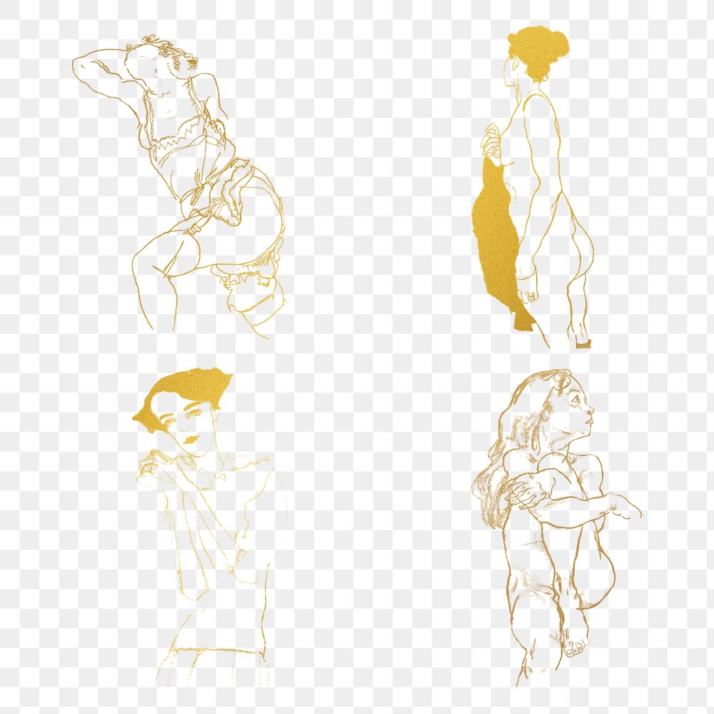 Golden woman line drawing png collection remixed from the artworks of Egon Schiele.