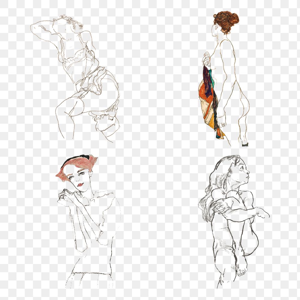 Vintage woman line art drawing png set remixed from the artworks of Egon Schiele.