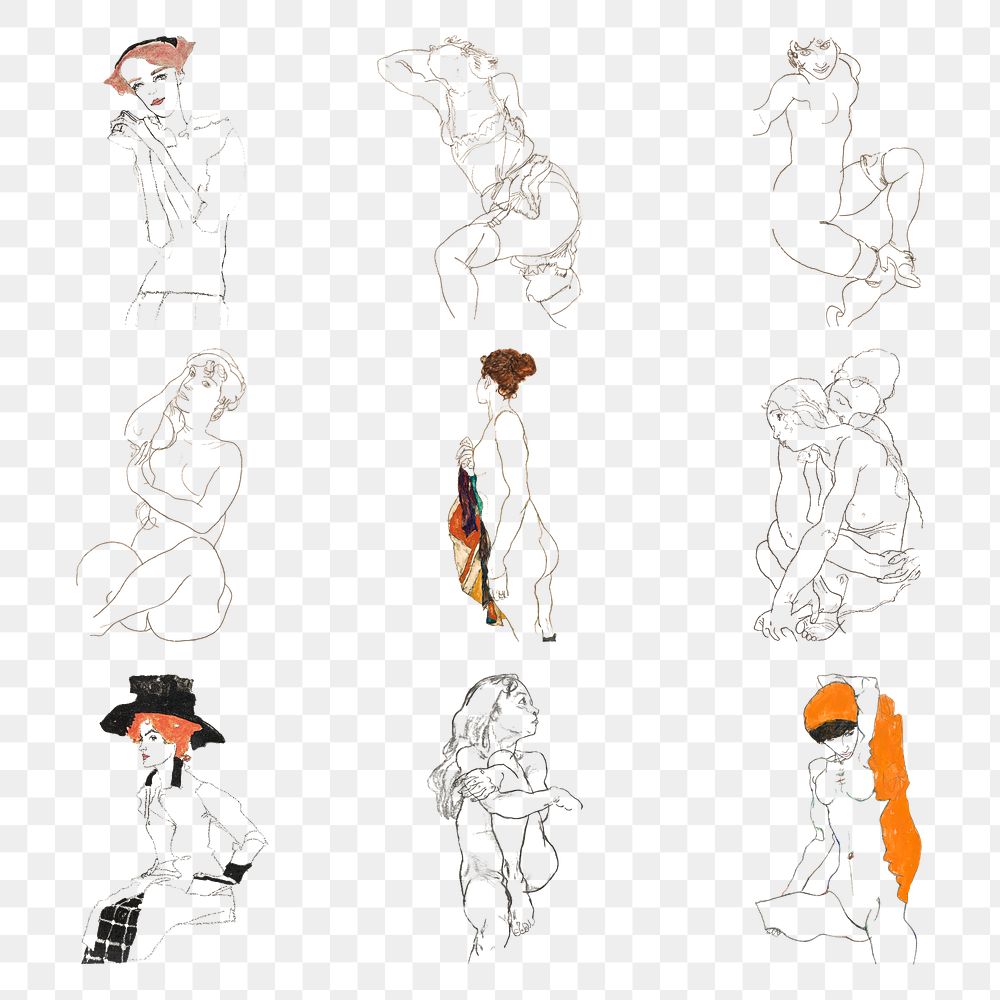 Vintage woman line art drawing png set remixed from the artworks of Egon Schiele.