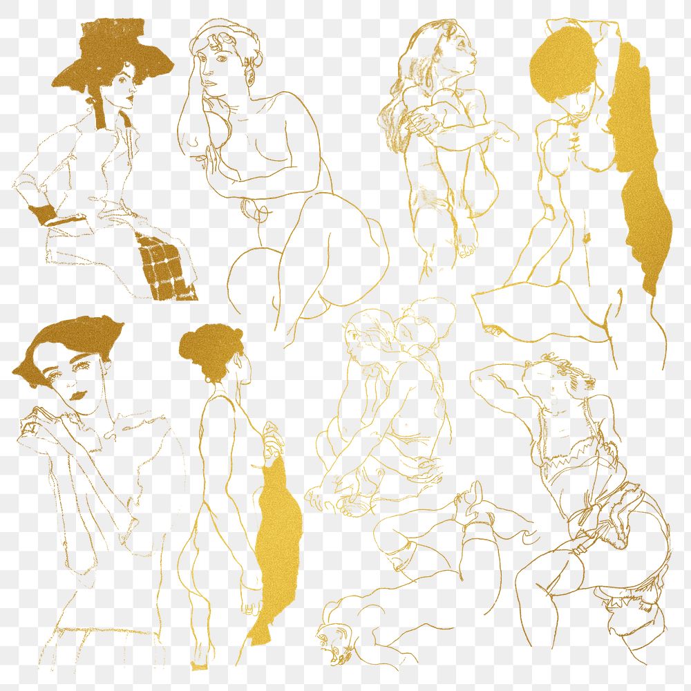 Golden woman line drawing png collection remixed from the artworks of Egon Schiele.