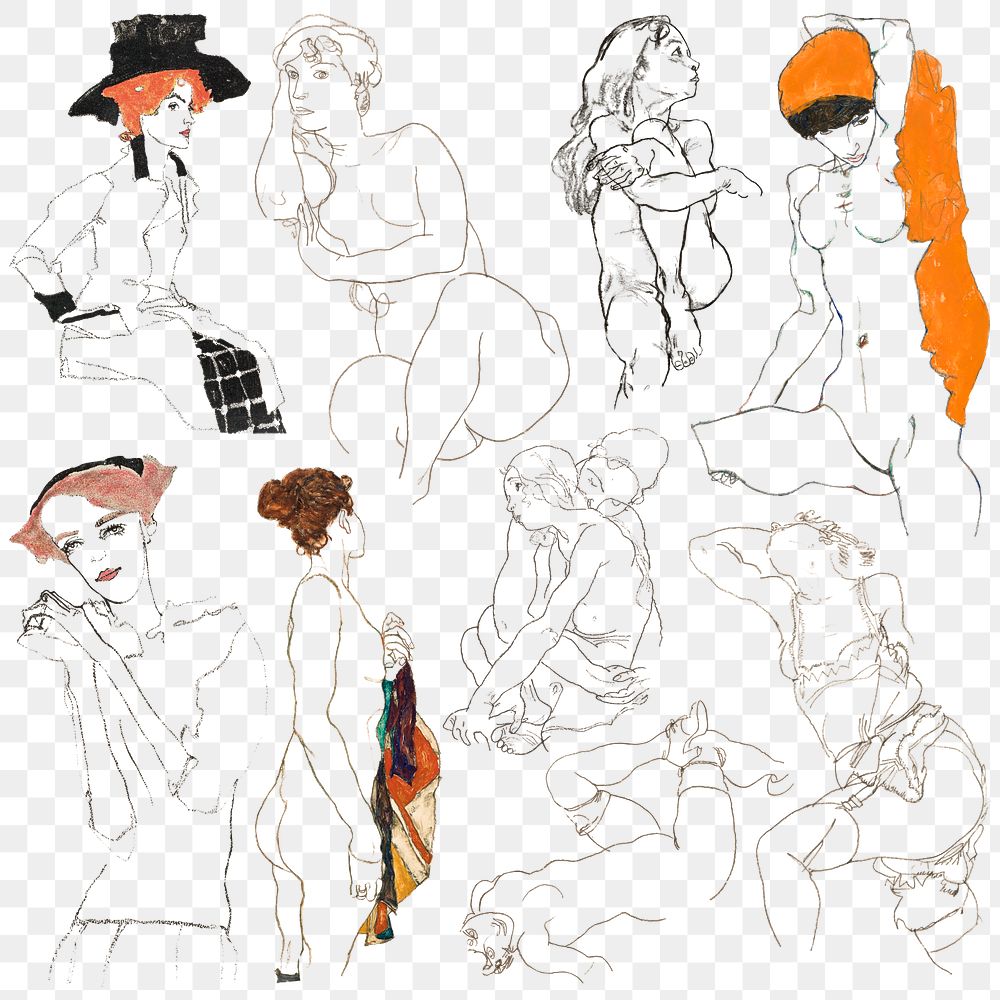 Vintage woman png illustration set remixed from the artworks of Egon Schiele.