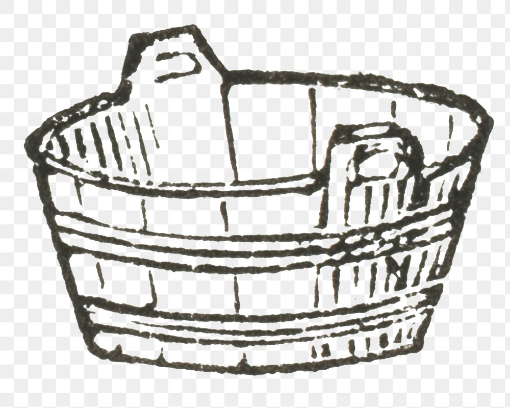 Vintage png wooden bucket engraving hand drawn illustration