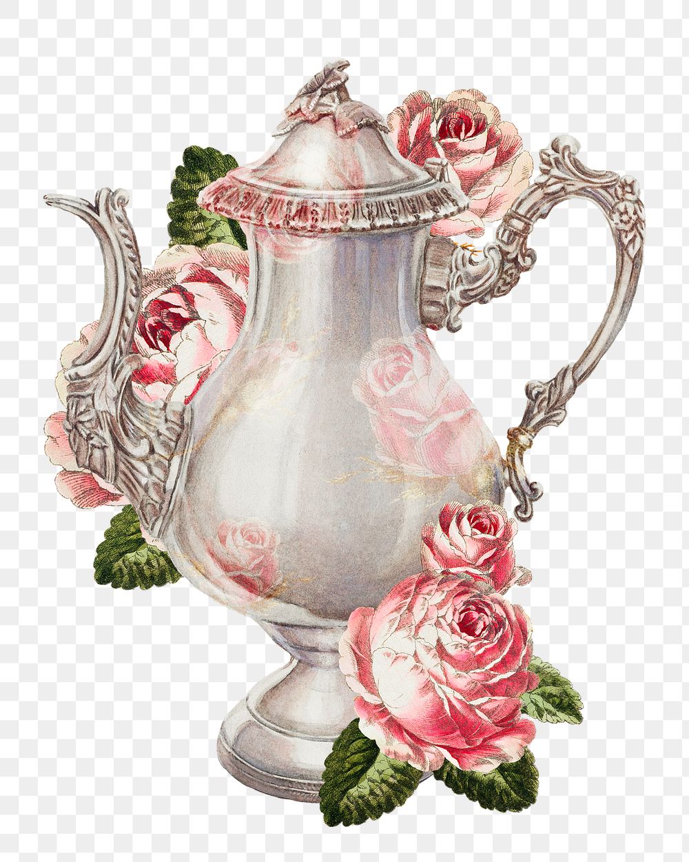 Vintage coffee pot png with flower illustration, remixed from the artwork by Ernest A. Towers, Jr.