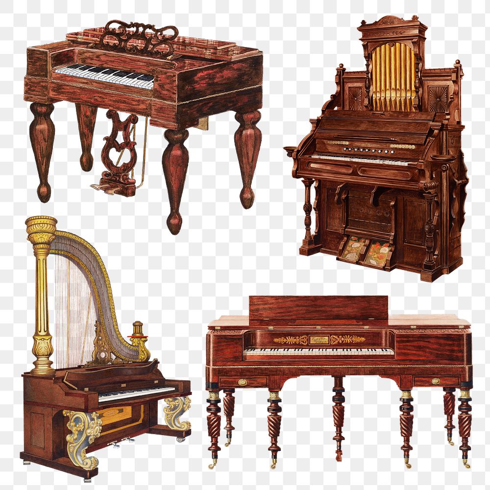 Antique png piano and organ design element set, remixed from public domain collection