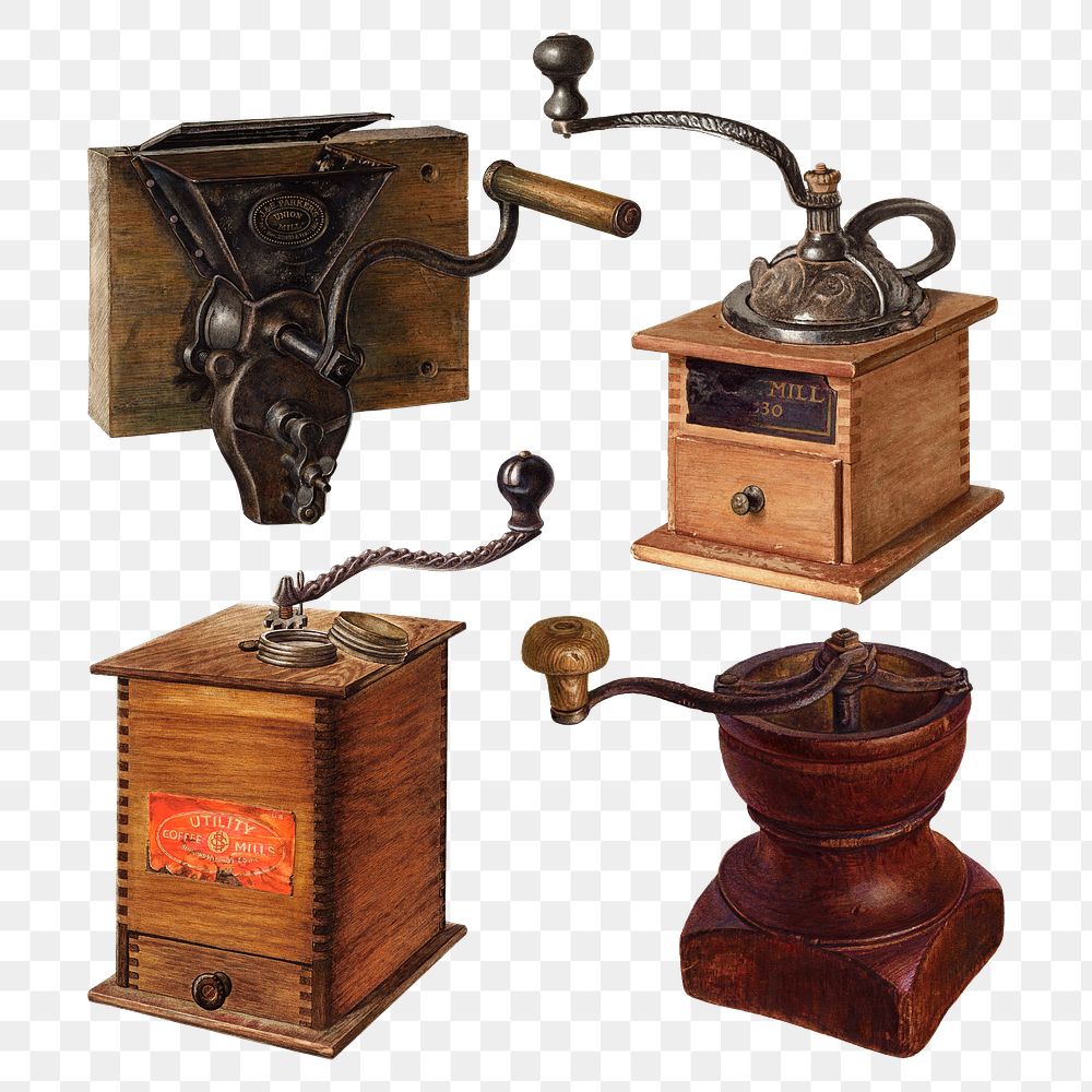 Antique png coffee grinders design element set, remixed from public domain collection