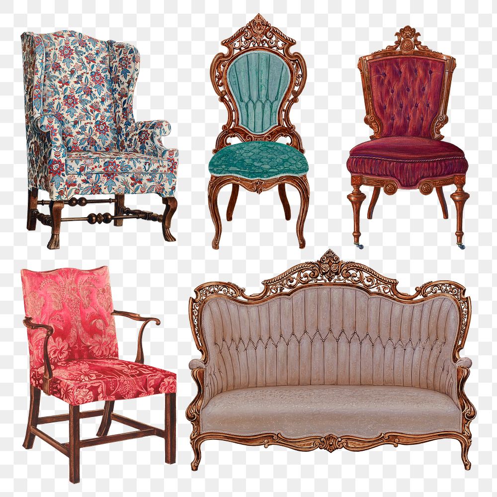 Vintage sofa and chairs png set, remixed from public domain collection