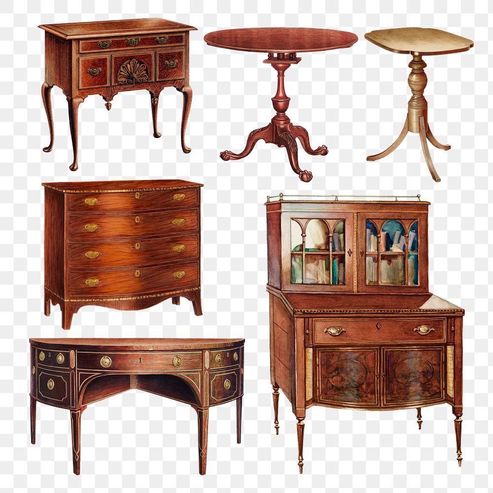 Vintage furniture illustration png set, remixed from public domain collection