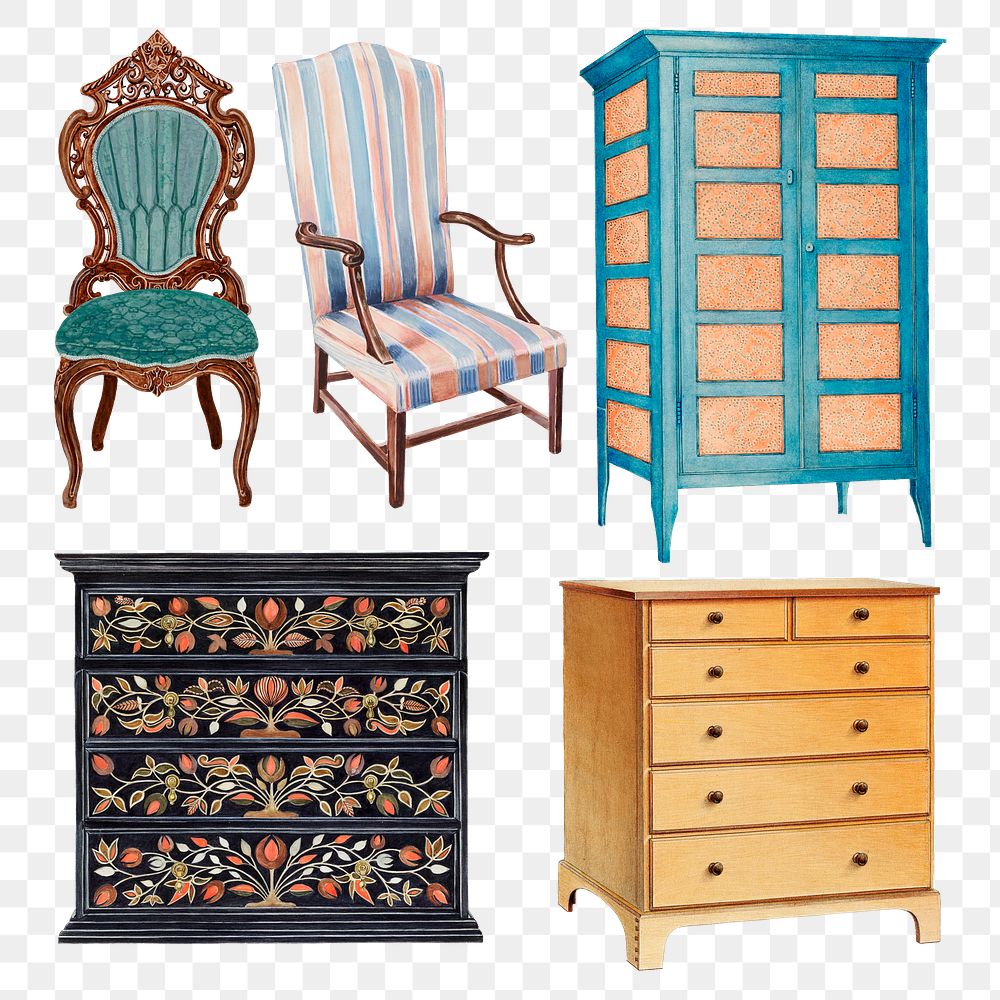 Vintage furniture png illustration set, remixed from public domain collection