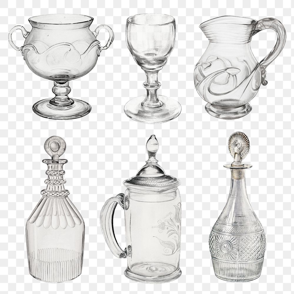 Antique png glassware design element set, remixed from public domain collection