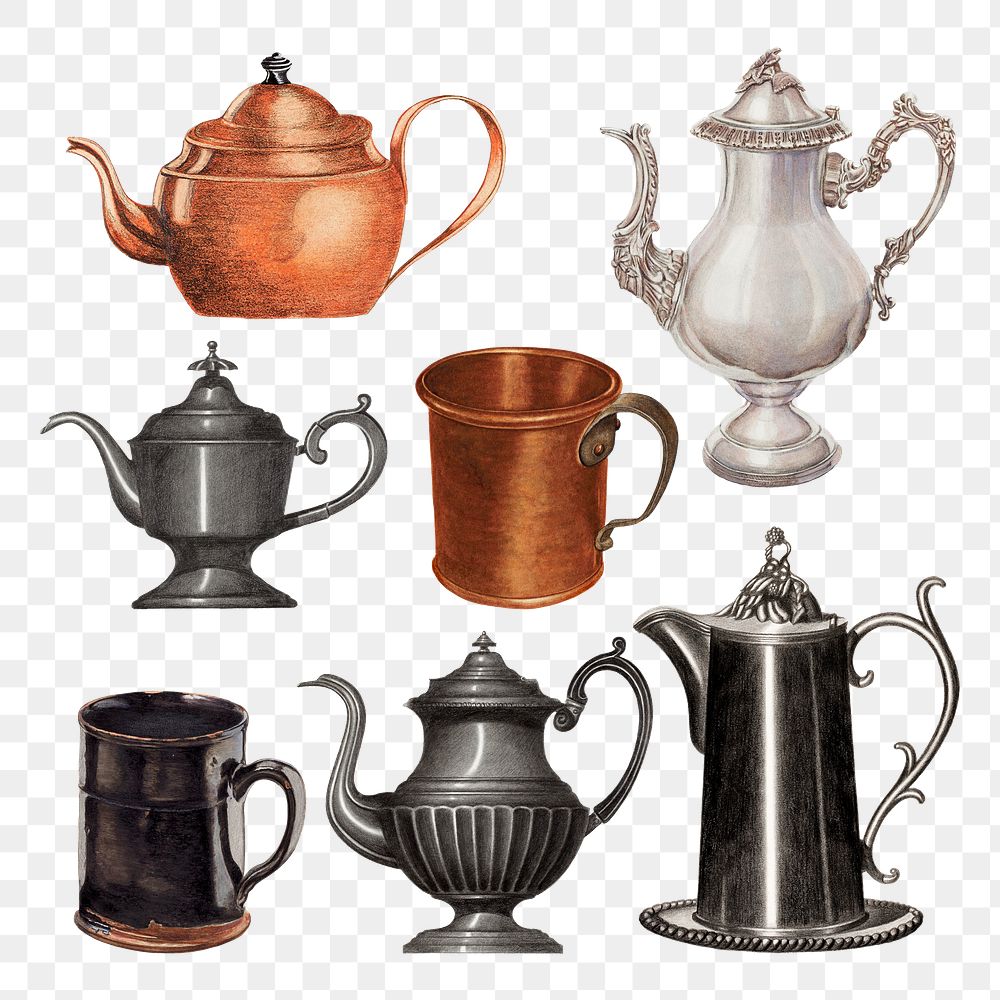 Vintage tea pot png illustration set, remixed from public domain collection