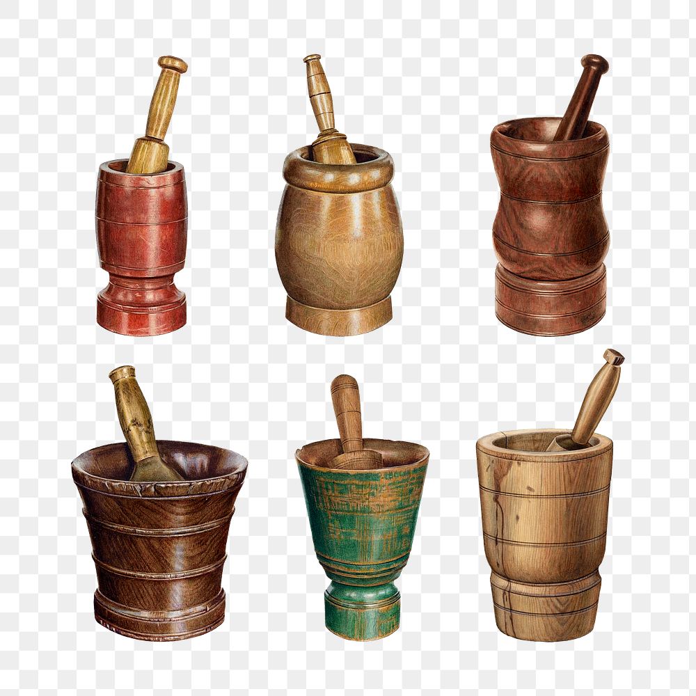 Vintage mortar and pestle png illustration set, remixed from public domain collection