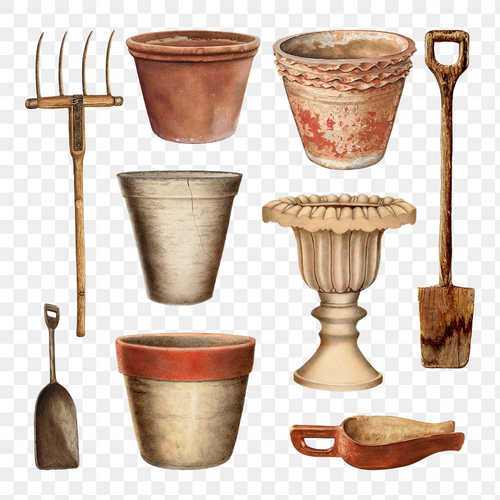 Vintage tools and pot png illustration set, remixed from public domain collection