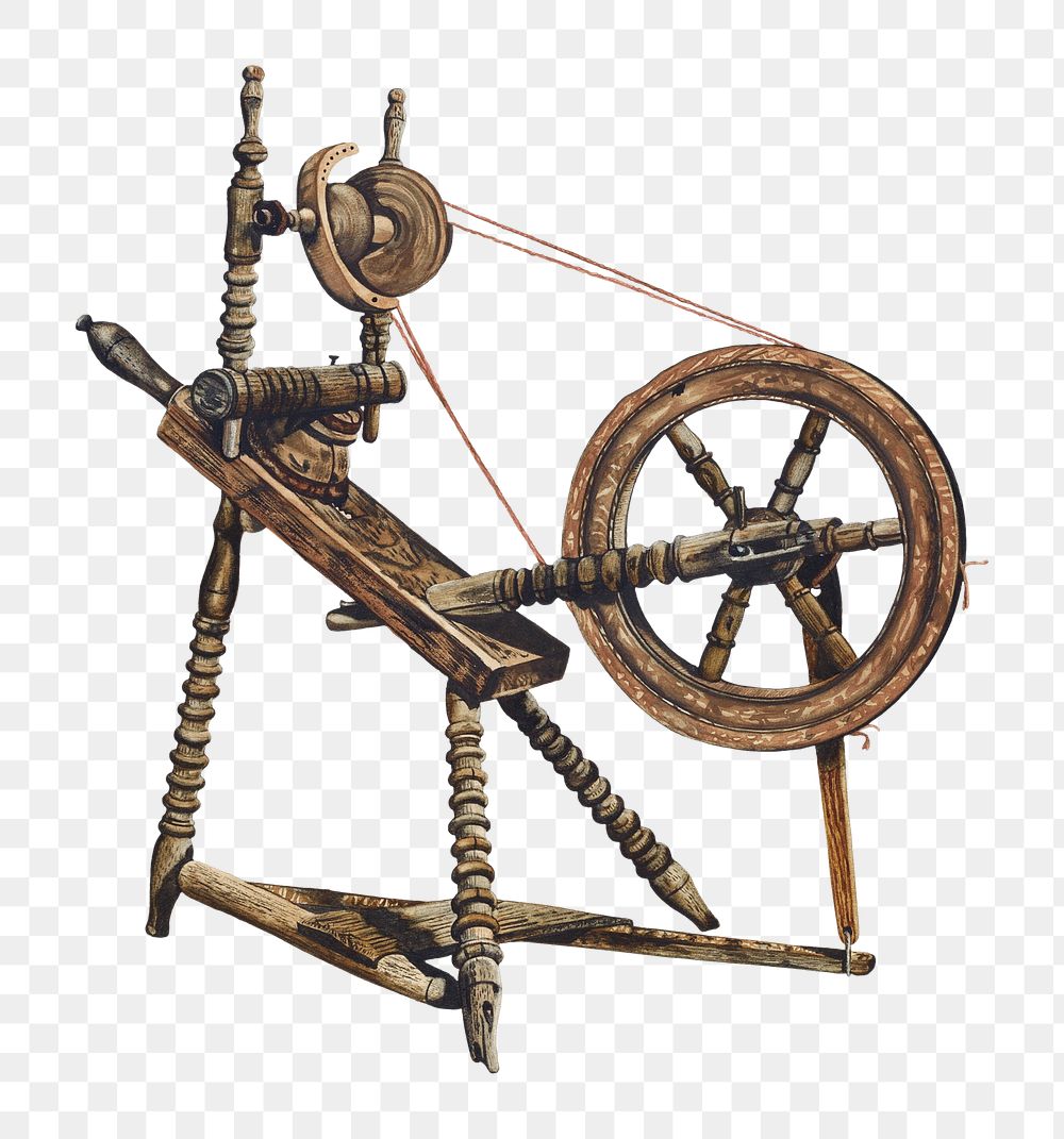 Antique spinning wheel png illustration, remixed from the artwork by Walter Praefke