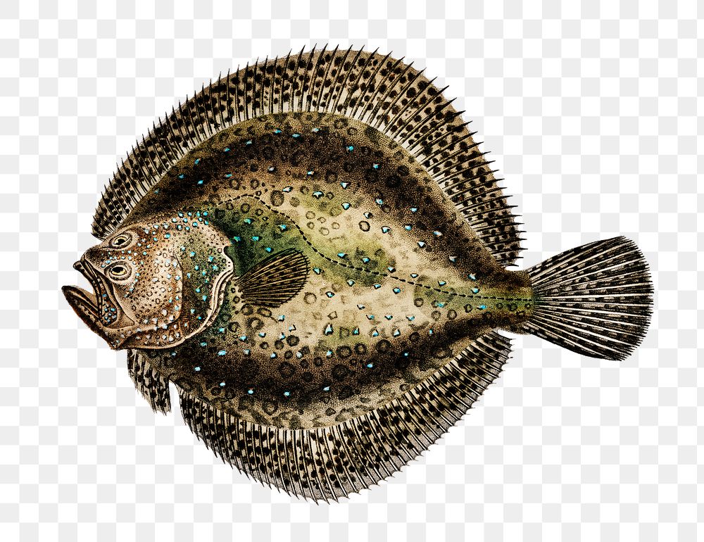 Vintage turbot png fish, remix from artworks by Charles Dessalines D'orbigny