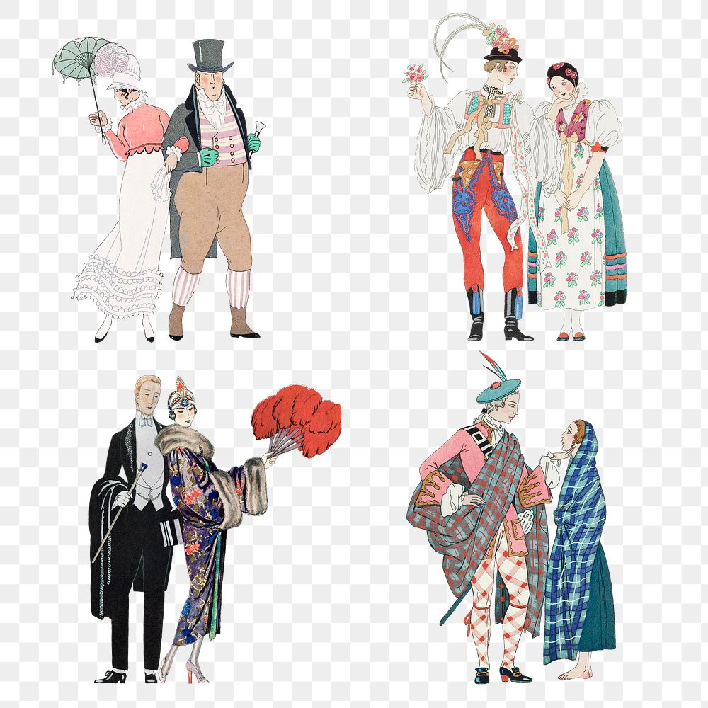 Traditional Parisian fashion png set, remix from artworks by George Barbier