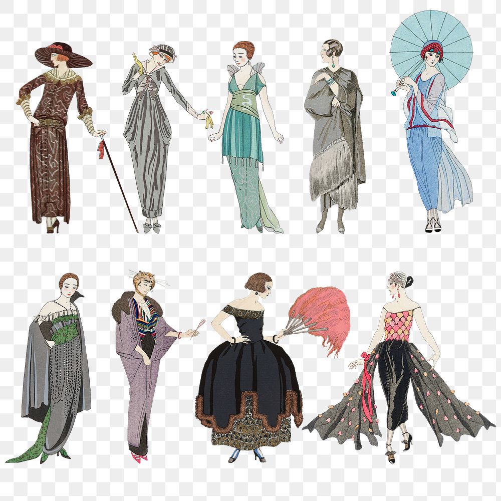 Vintage feminine fashion png set 19th century style, remix from artworks by George Barbier