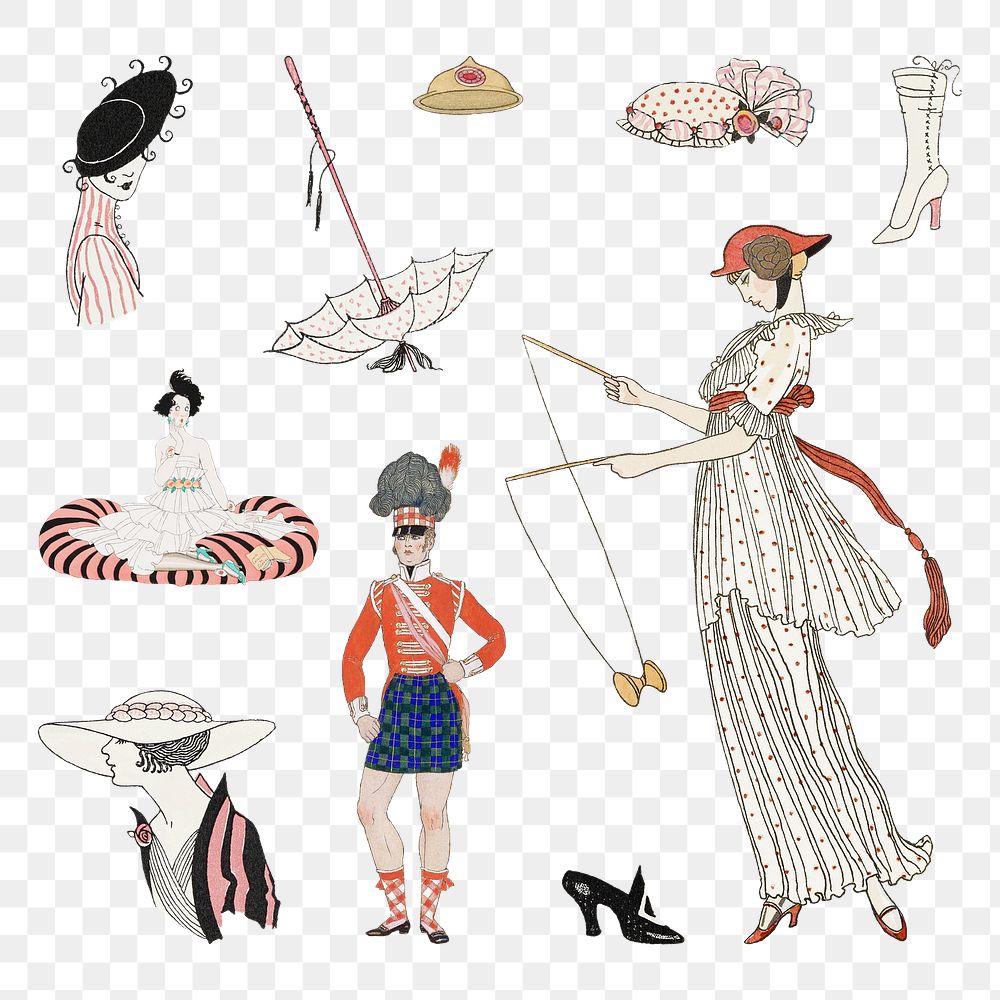 Vintage feminine fashion png set 19th century style, remix from artworks by George Barbier