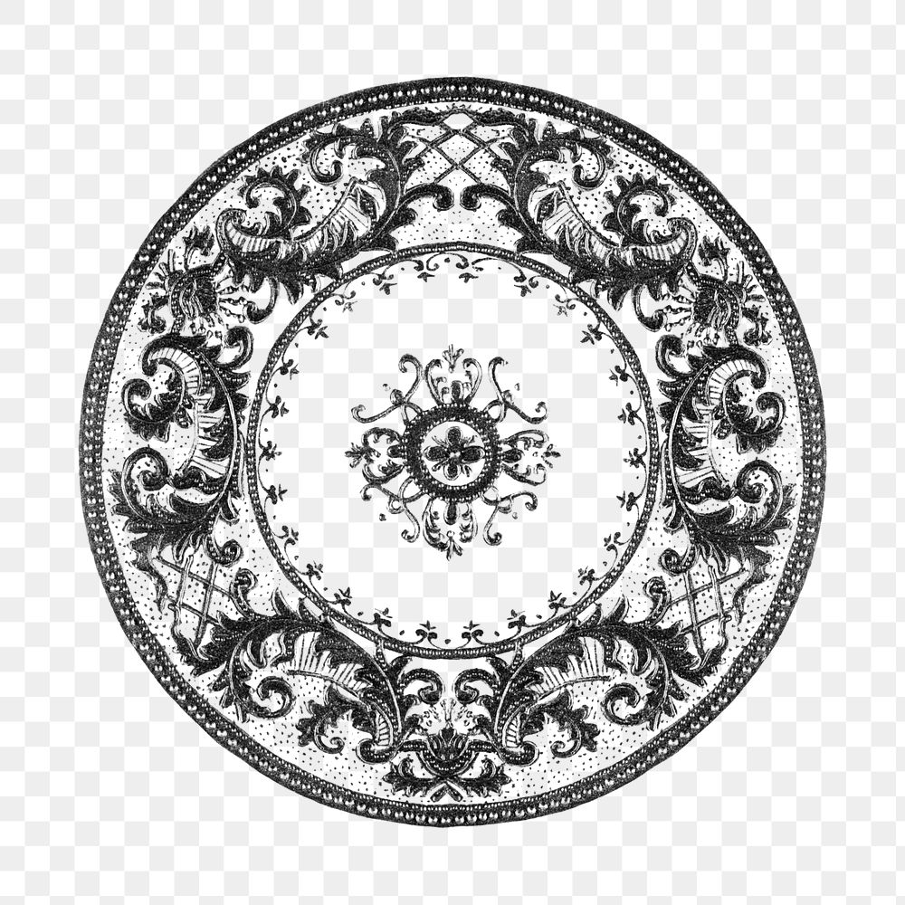 Vintage png black and white mandala ornament, remixed from Noritake factory china porcelain tableware design