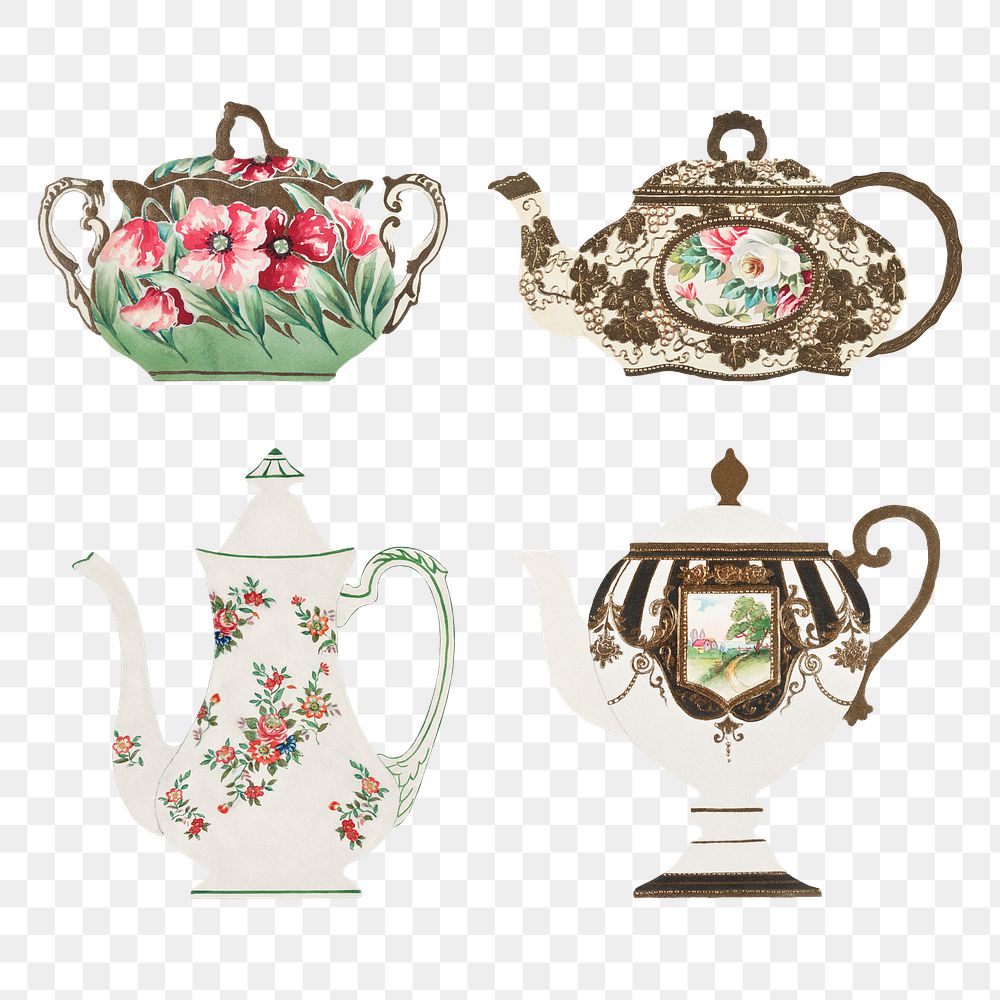 Vintage png floral pattern on tableware transparent design set, remixed from Noritake factory china porcelain design