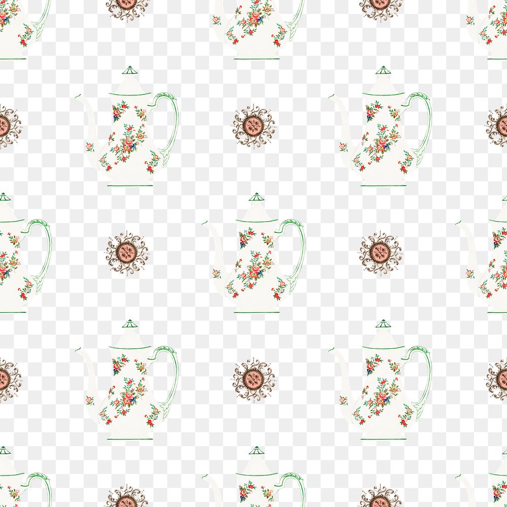 PNG Vintage teapot transparent seamless pattern background, remixed from Noritake factory tableware design