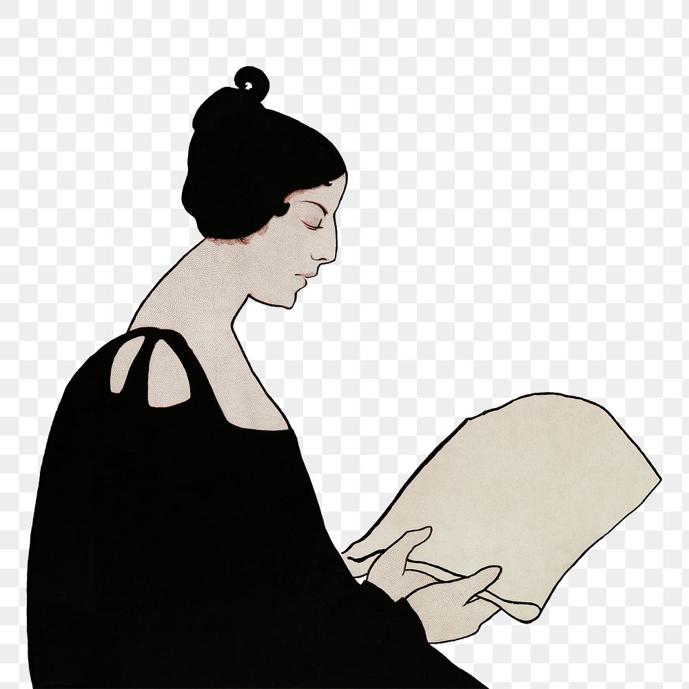 Woman reading a newspaper png design element, remix from artworks by Ethel Reed